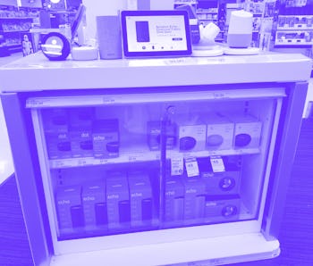 Close-up of display of multiple Amazon Echo and Amazon Alexa smart speaker devices from Amazon and G...