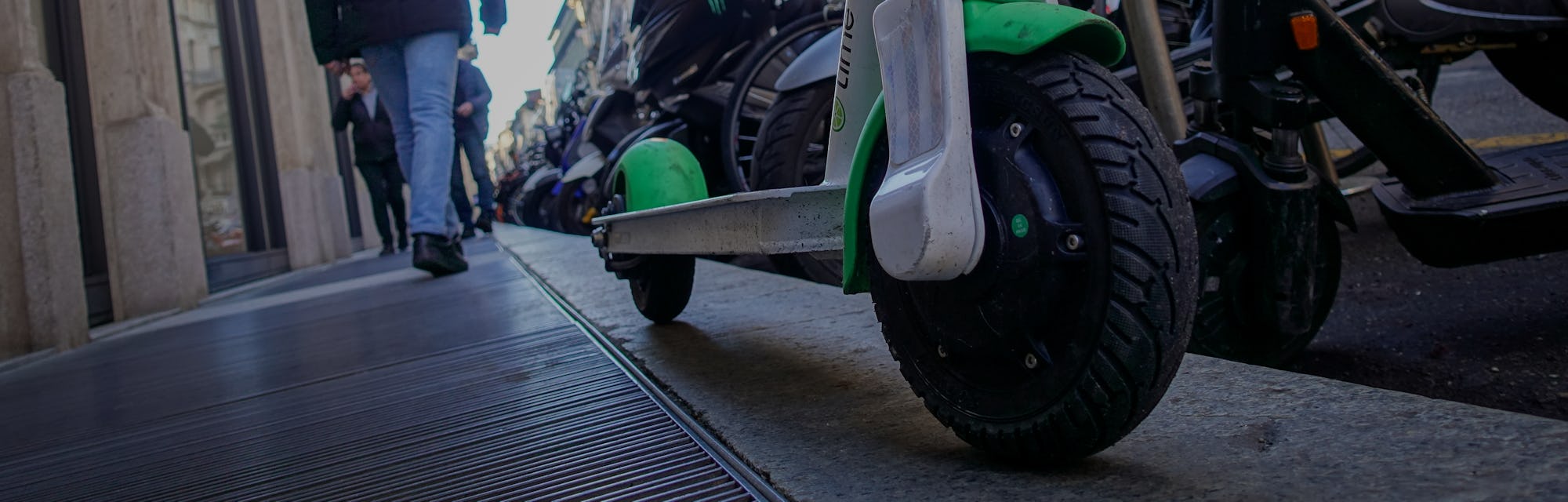 Turin, Italy - January 18 2020: Picture of the the steering of a Lime electric scooter parked in Tor...