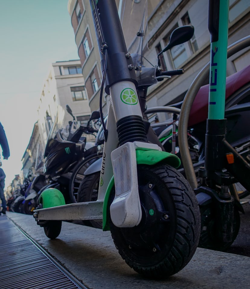 Turin, Italy - January 18 2020: Picture of the the steering of a Lime electric scooter parked in Tor...