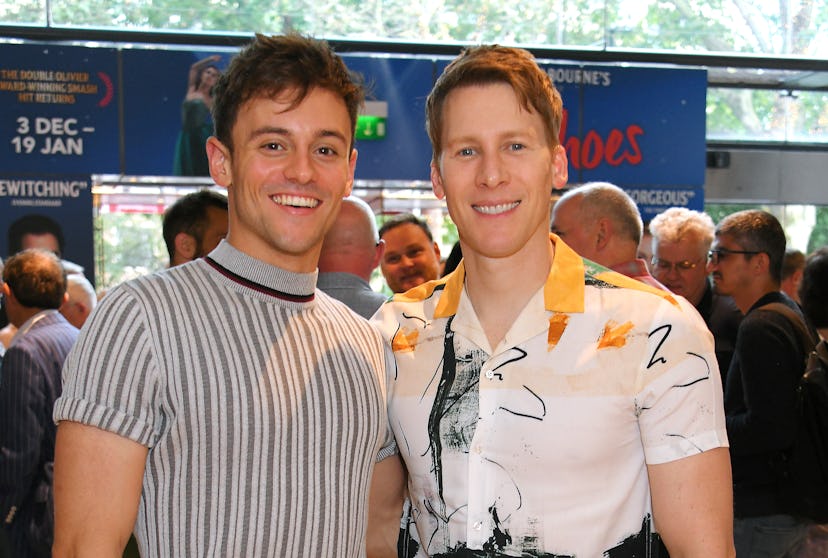 LONDON, ENGLAND - AUGUST 11:  Tom Daley (L) and Dustin Lance Black attend the press night performanc...