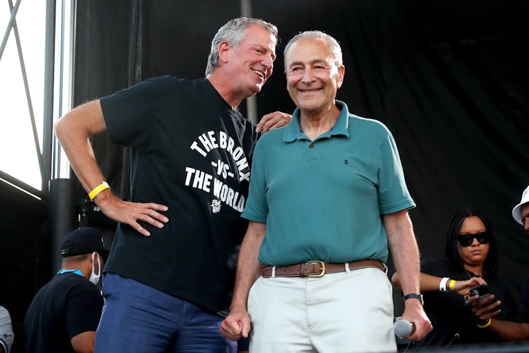 BRONX, NEW YORK - AUGUST 16: New York City Mayor Bill de Blasio (L) and U.S. Sen. Chuck Schumer atte...