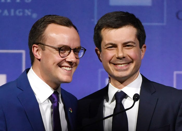 LAS VEGAS, NEVADA - MAY 11:  Chasten Glezman Buttigieg (L) greets his husband, South Bend, Indiana M...