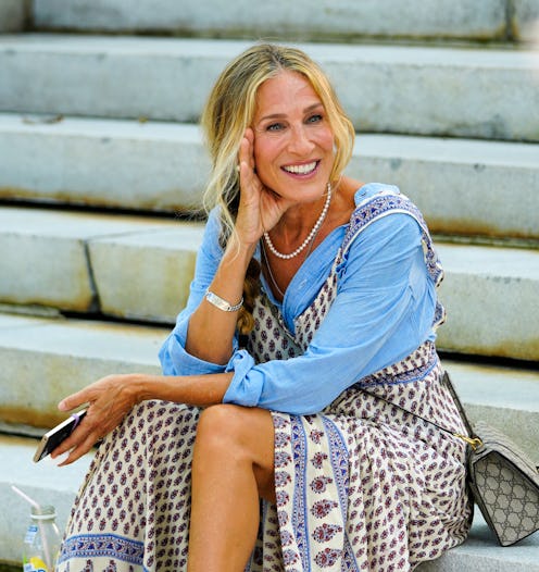 NEW YORK, NEW YORK - AUGUST 12: Sarah Jessica Parker is seen on location for 'And Just Like That' on...