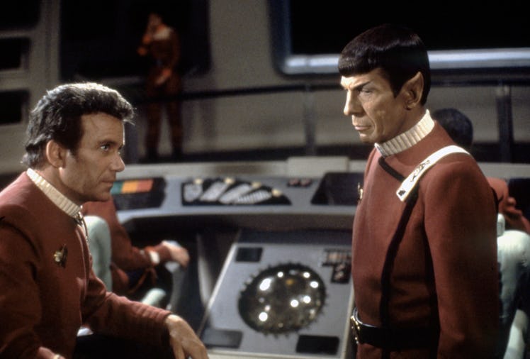 Canadian actor William Shatner and American Leonard Nimoy on the set of Star Trek: The Wrath of Khan...