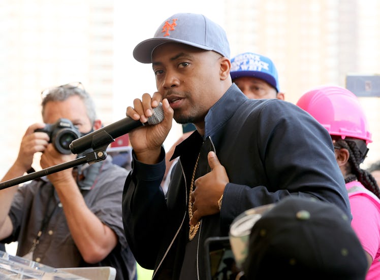 NEW YORK, NEW YORK - MAY 20: Rapper NAS speaks at The Universal Hip Hop Museum Groundbreaking Ceremo...