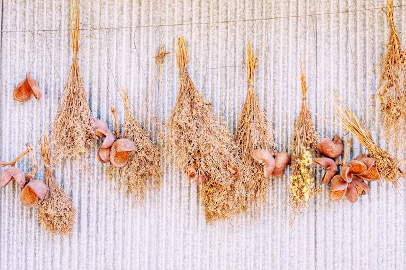 Photo of several bunches of dried flowers, hanging upside down from a string.