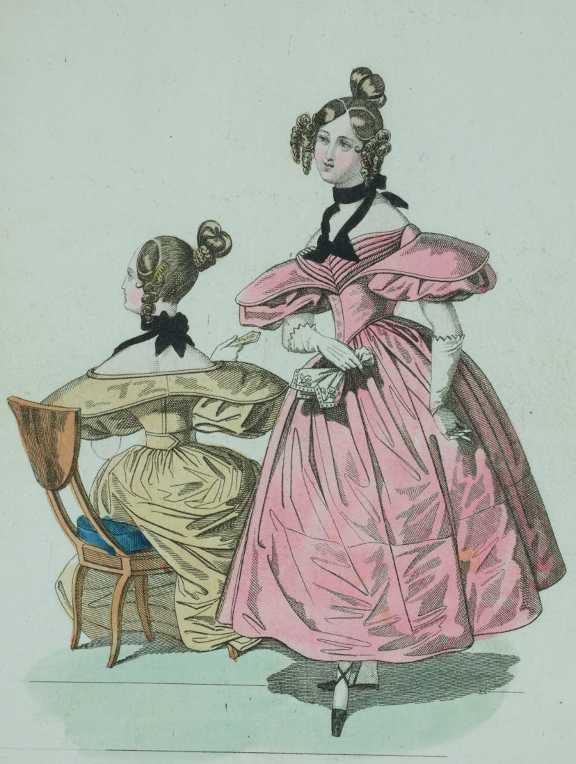 Woman wearing a pink dress with a ribbon around her neck, a kid-friendly ghost story