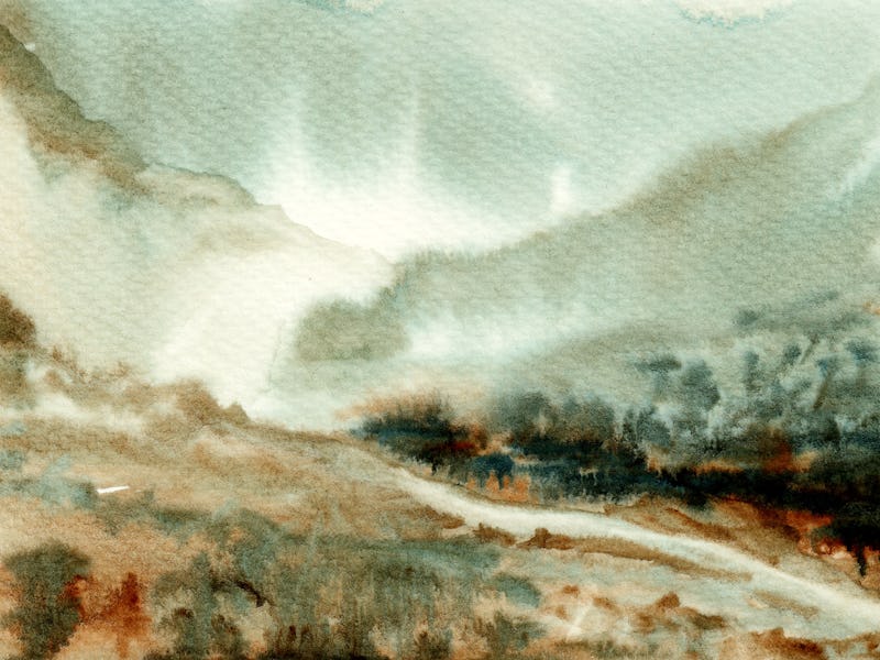watercolor painting of waterfalls flowing in the upper region of the mountains and forming a river a...