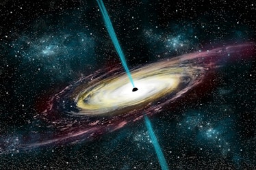 An artists depiction of a black hole in interstellar space pulling in gas and dust that start to hea...