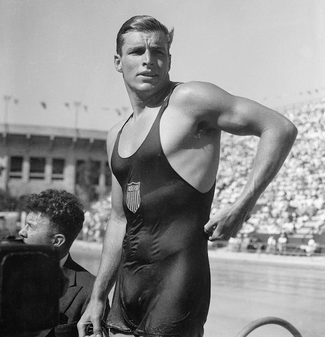 After winning gold in the 400-meter freestyle event at the Los Angeles Olympic Games, Buster Crabbe ...