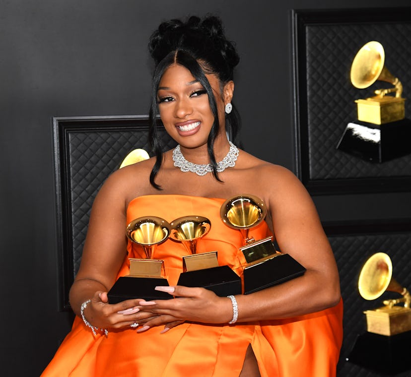 Megan Thee Stallion sports '90s prom reminiscent hair at the Grammy's. 