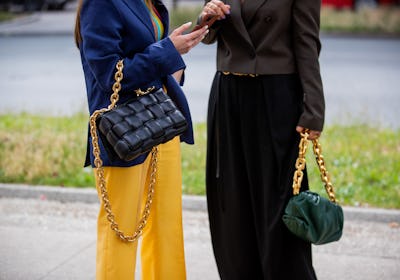 PARIS, FRANCE - JULY 08: Julia Comil is seen wearing Bottega Veneta bag, blue blazer, yellow pants a...
