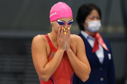TOKYO, JAPAN - JULY 26, 2021: ROC athlete Yulia Yefimova before competing in a women's 100m breastst...