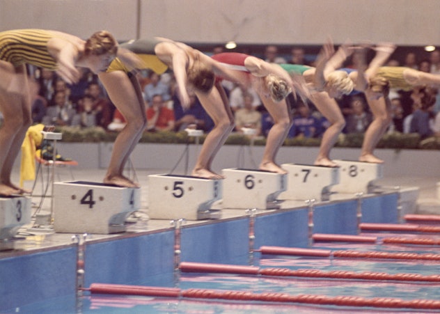 Start of women's 100 meter free style final.  Dawn Fraser of Australia, in lane #4 was the winner.  ...