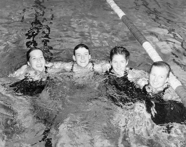 (Original Caption) 12/6/1956-Melbourne, Australia- Photo shows the Australian women's swim team, whi...