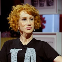 Kathy Griffin speaks on a panel with Roxane Gay in May 2019 in Los Angeles, California. 