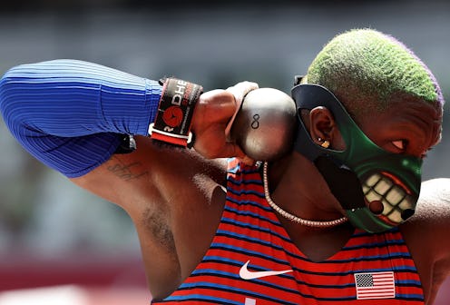 Raven Saunders of the United States competes during the women's shot put final at Tokyo 2020 Olympic...