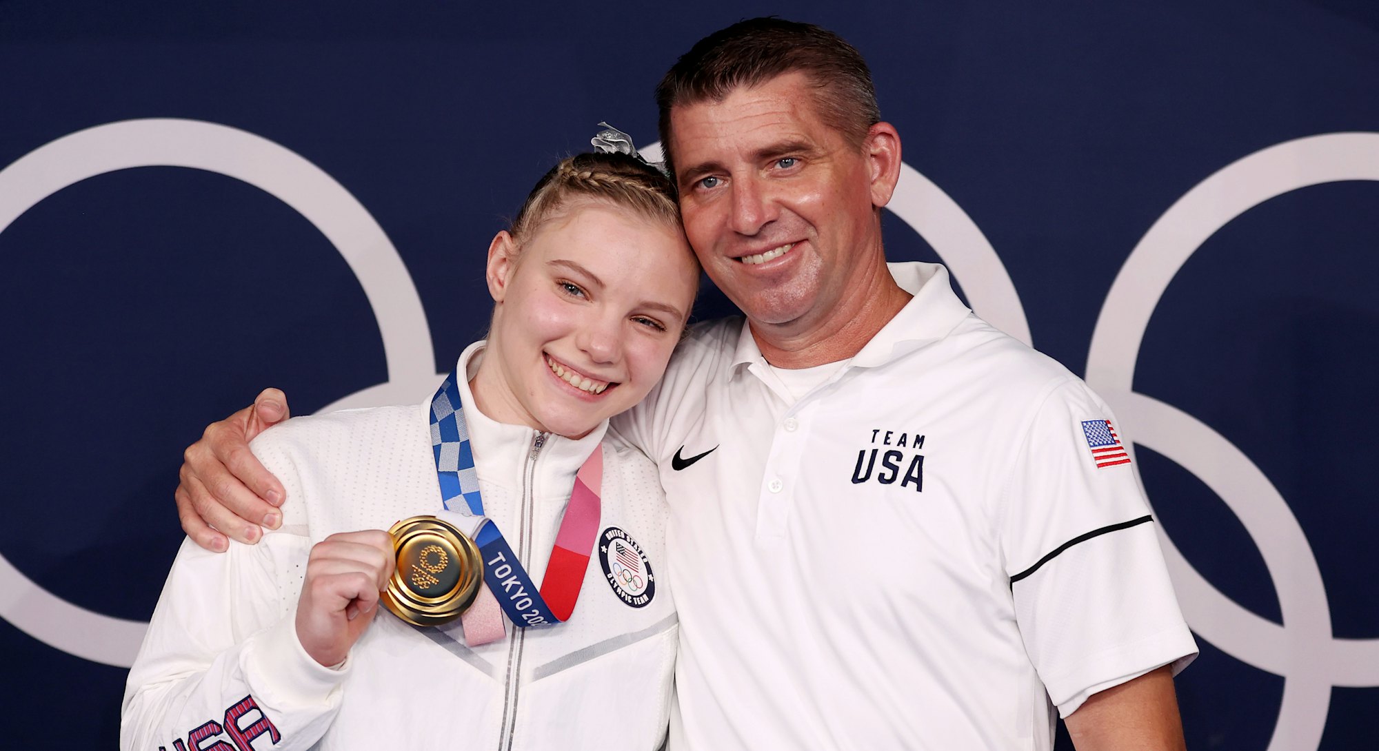 TOKYO, JAPAN - AUGUST 02: Jade Carey of Team United States poses with her father and coach, Brian Ca...
