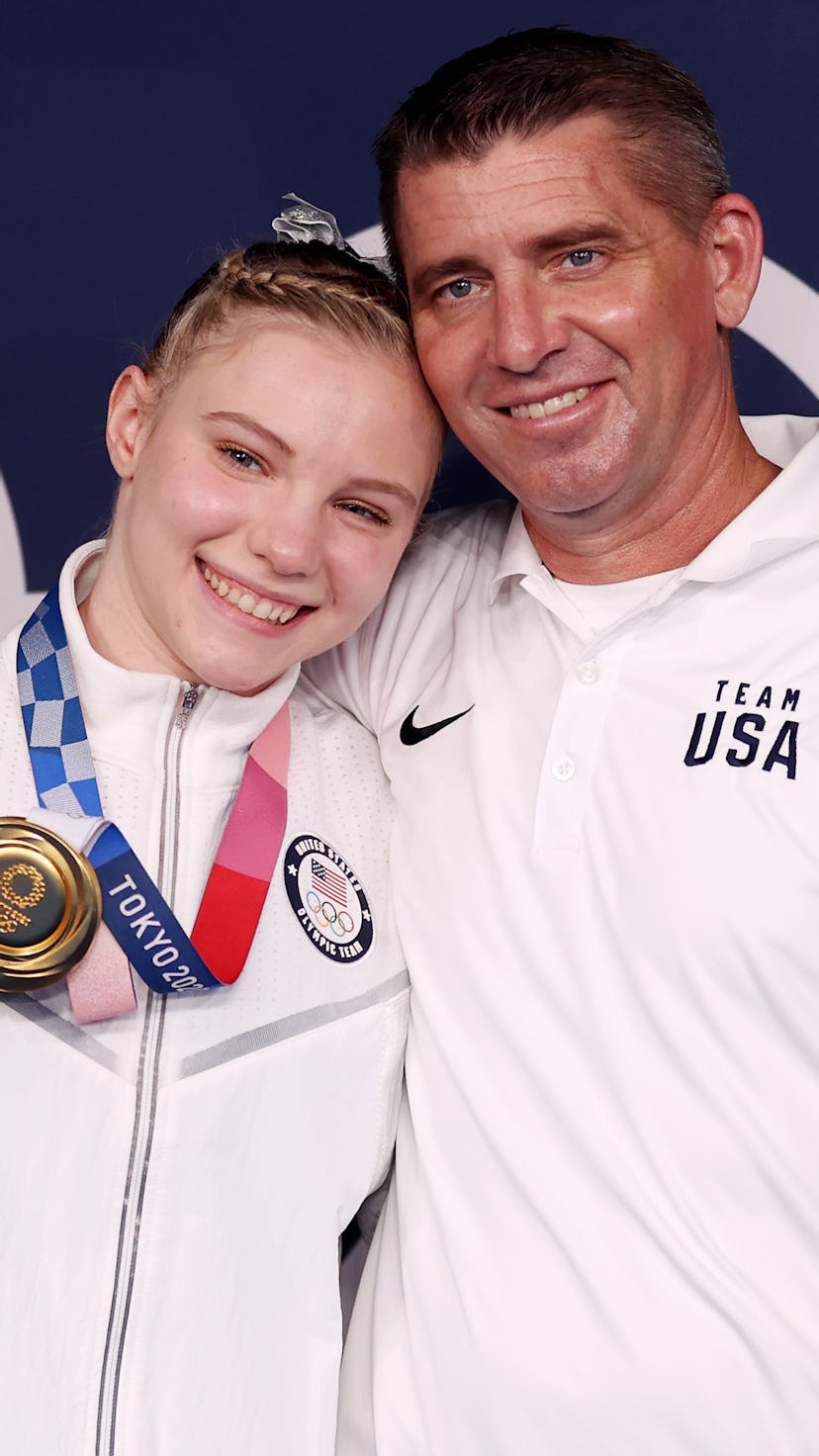 TOKYO, JAPAN - AUGUST 02: Jade Carey of Team United States poses with her father and coach, Brian Ca...