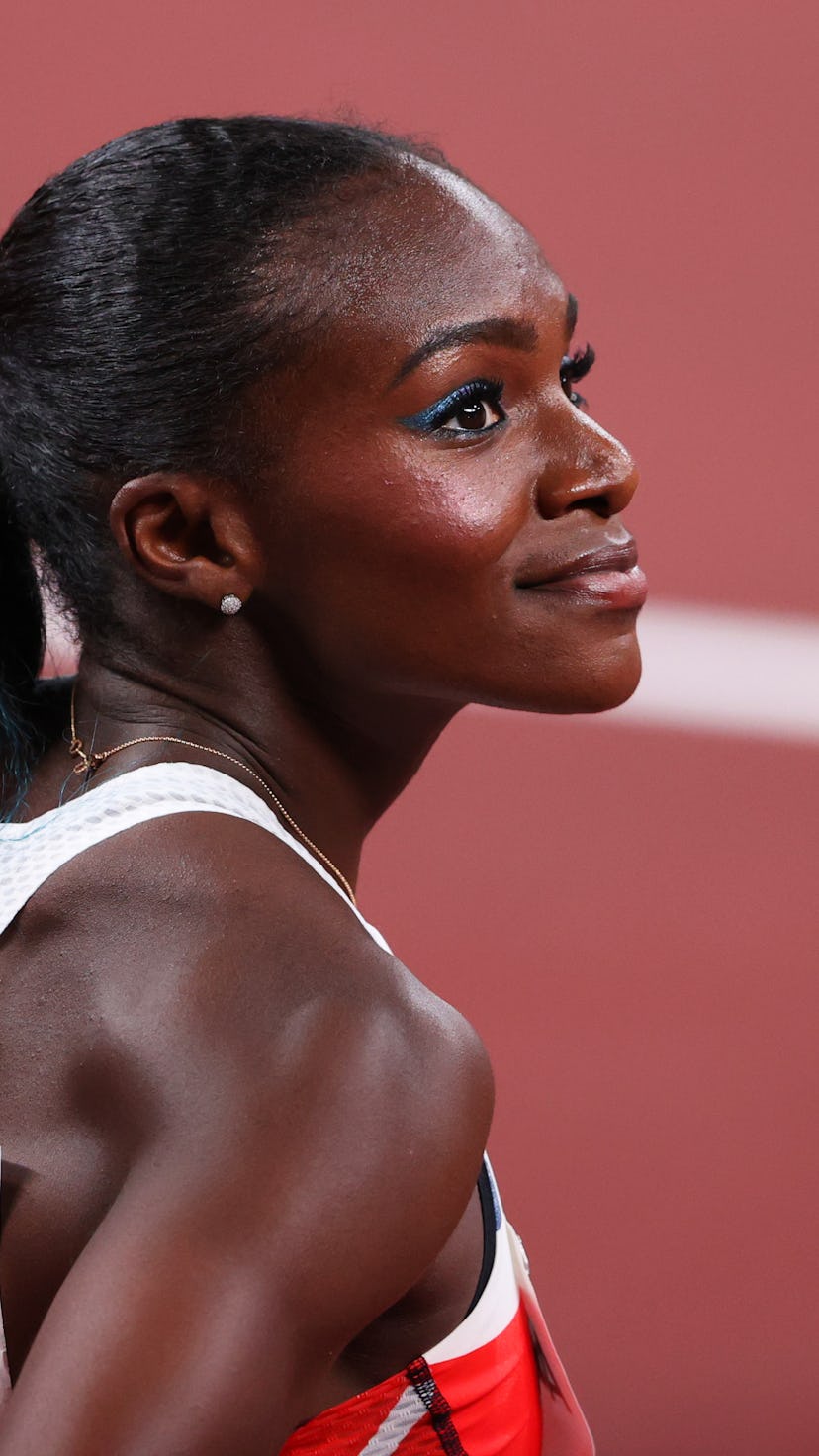 TOKYO, JAPAN - JULY 31: Dina Asher-Smith of Team Great Britain reacts after competing in the Women's...