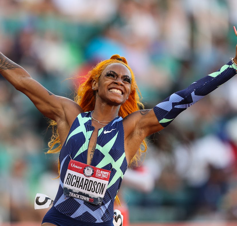 EUGENE, OREGON - JUNE 19: Sha'Carri Richardson celebrates winning the Women's 100 Meter final on day...