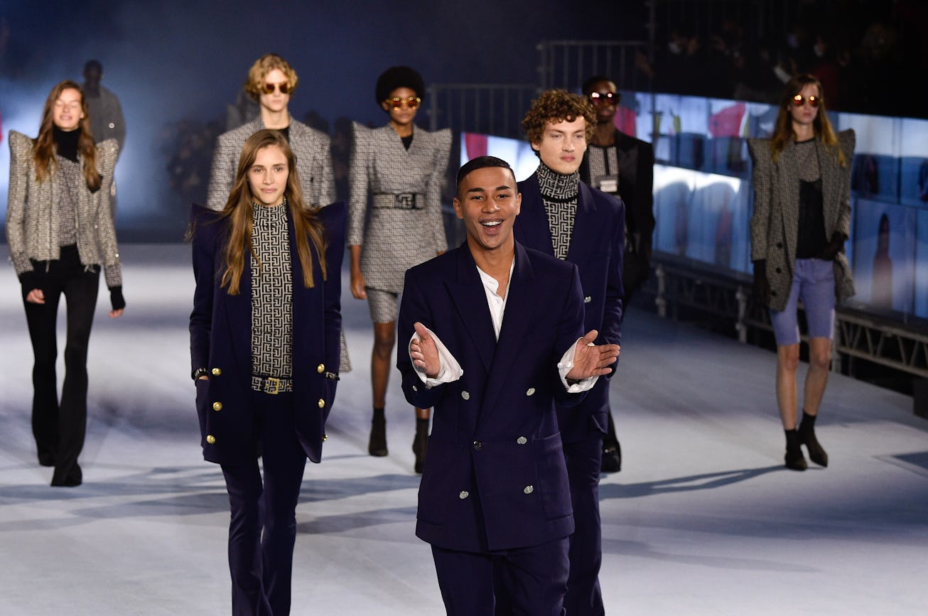 PARIS, FRANCE - SEPTEMBER 30: Olivier Rousteing and models walk the runway during the Balmain Womens...