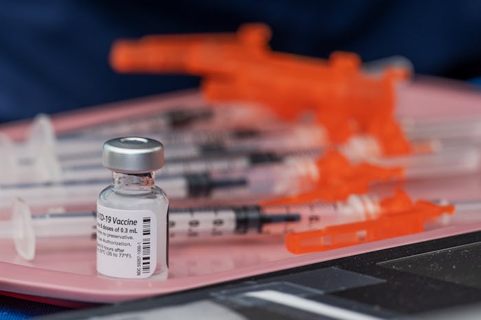 WASHINGTON, DC - JULY 31: A vial of Covid-19 Pfizer vaccine is seen during a Marthas Table sponsored...