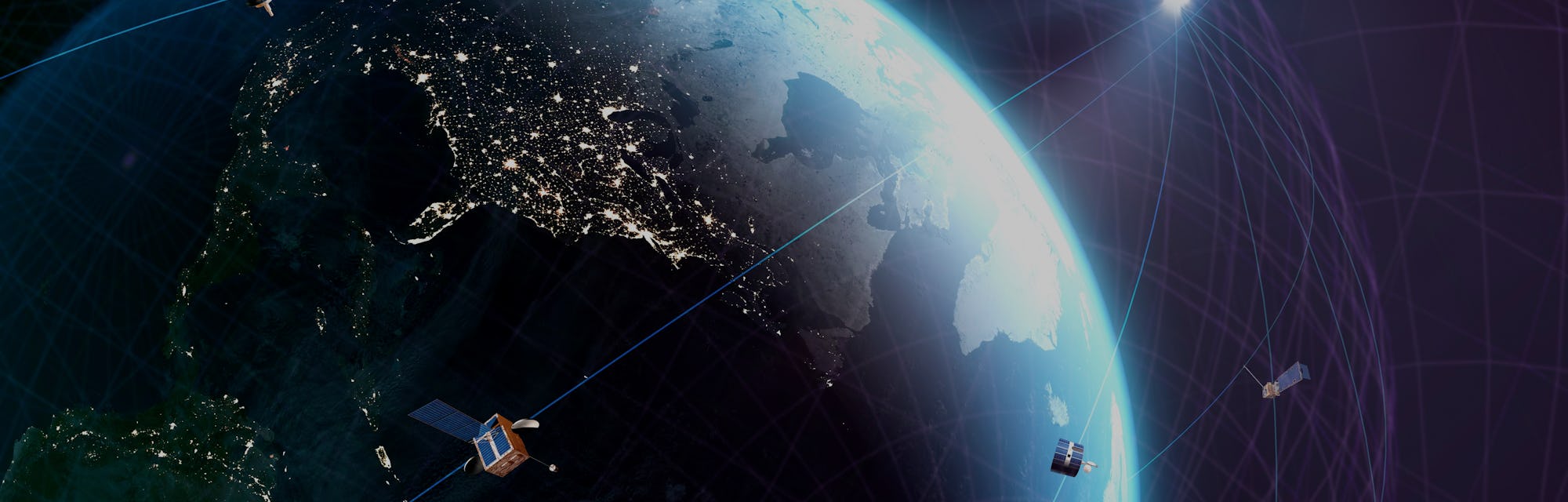 Global satellite communications. Conceptual representation of a global network of communications sat...