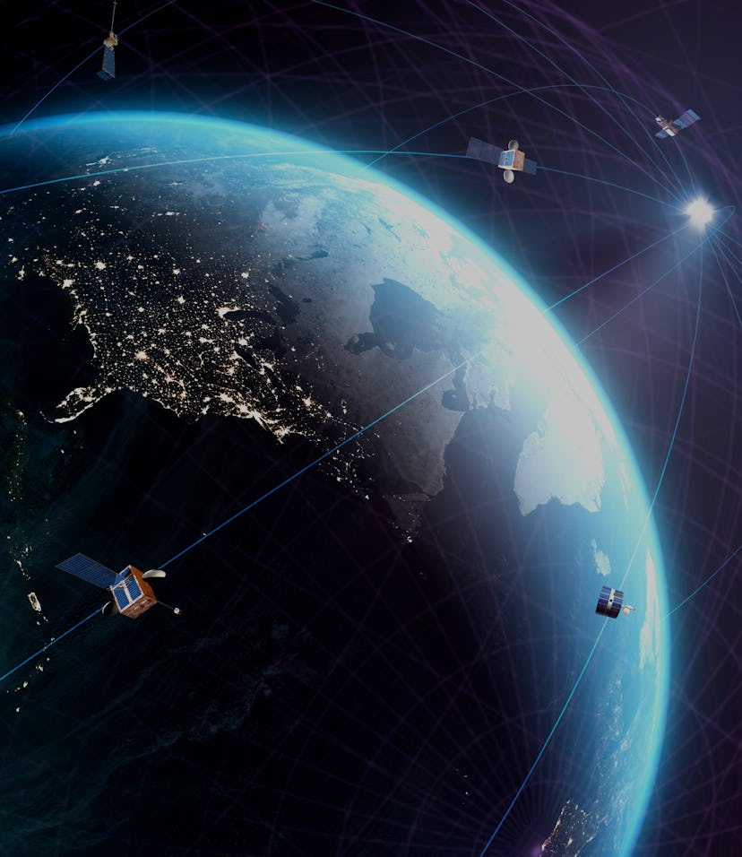 Global satellite communications. Conceptual representation of a global network of communications sat...