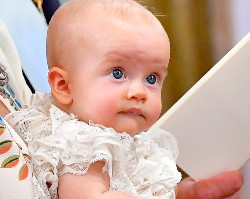 Prince Julian looks on during his Christening ceremony at the Drottningholm Palace Chapel in Stockho...