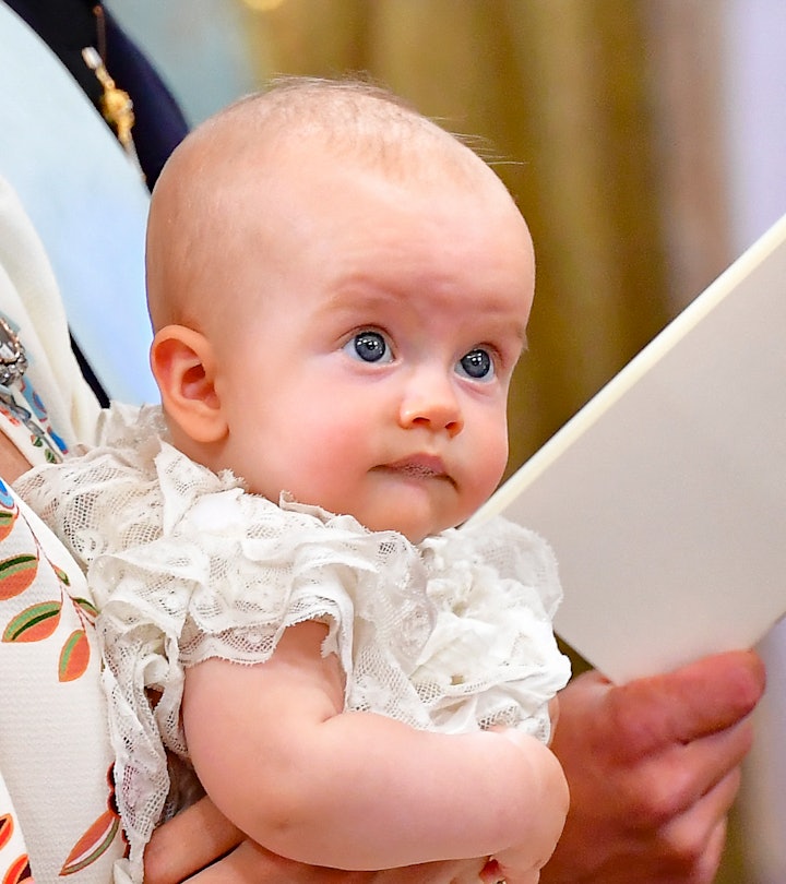 Prince Julian looks on during his Christening ceremony at the Drottningholm Palace Chapel in Stockho...