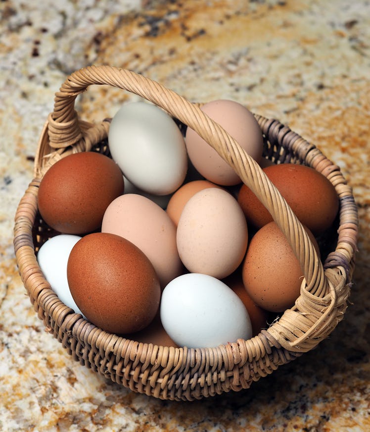 A basket of backyard chicken eggs of various colors.