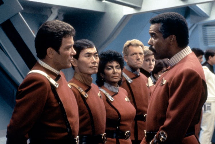Canadian actor William Shatner, AMerican George Takei, Nichelle Nichols and Robert Hooks on the set ...