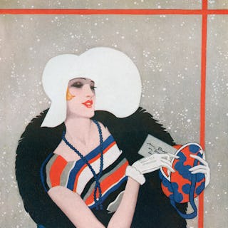 Vintage illustration of a fashionable flapper on her way to a party on a snowy evening; screen print...