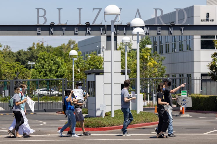 Employees of the video game company, Activision Blizzard, hold a walkout and protest rally to denoun...