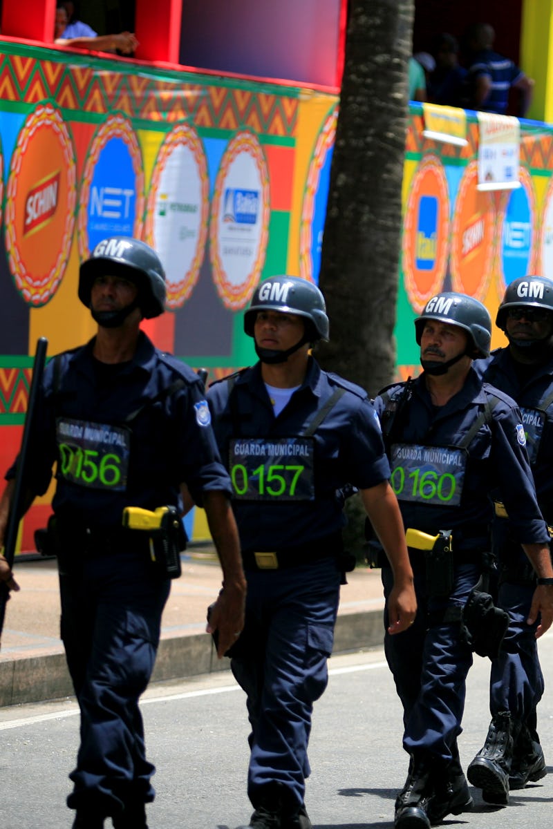 salvador, bahia, brazil - february 3, 2014: Members of the Municipal Guard are seen queuing up durin...