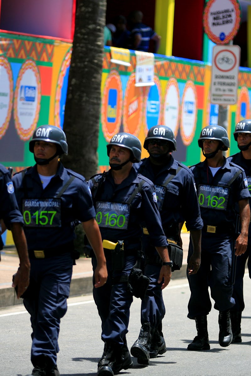 salvador, bahia, brazil - february 3, 2014: Members of the Municipal Guard are seen queuing up durin...