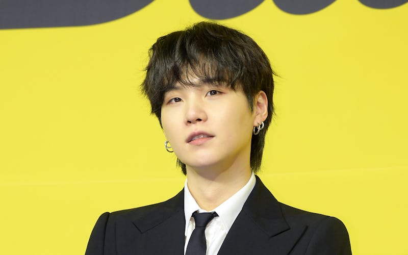 SEOUL, SOUTH KOREA - MAY 21: Suga of BTS attends a press conference for BTS's new digital single 'Bu...