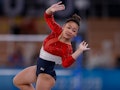 Suni Lee of Team United States competes on floor during the Women's team final on day four of the To...