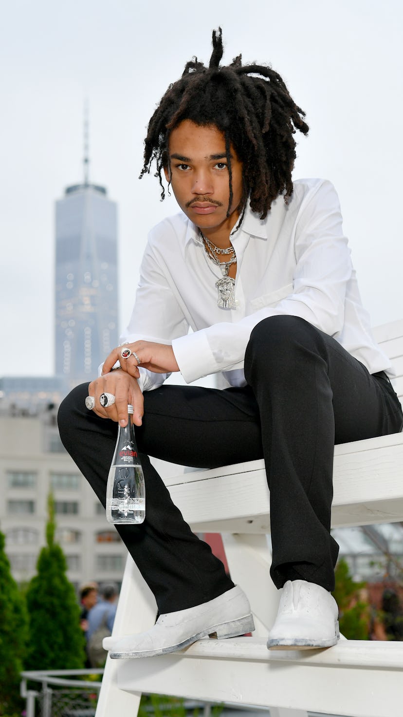 NEW YORK, NY - SEPTEMBER 07:  Luka Sabbat poses with an Evian bottle on the rooftop at IMG NYFW: The...