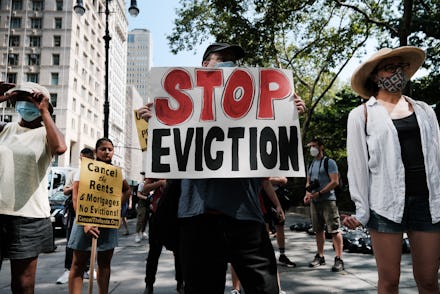 NEW YORK, NEW YORK - AUGUST 11: Activists hold a protest against evictions near City Hall on August ...