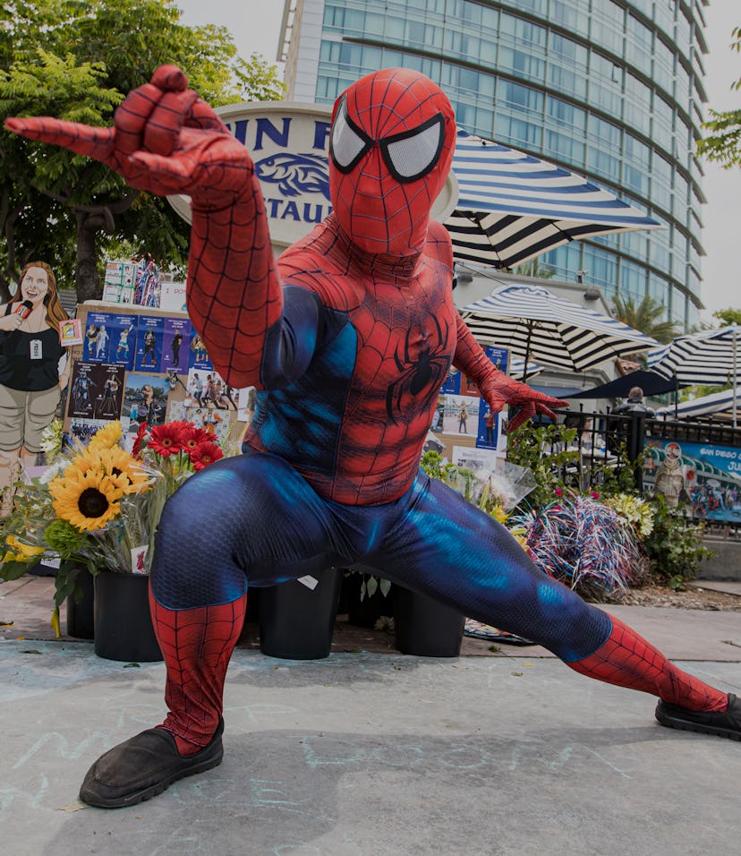 SAN DIEGO, CALIFORNIA - JULY 24: Cosplayer Derek Shackelton as Spiderman poses at the San Diego Caus...