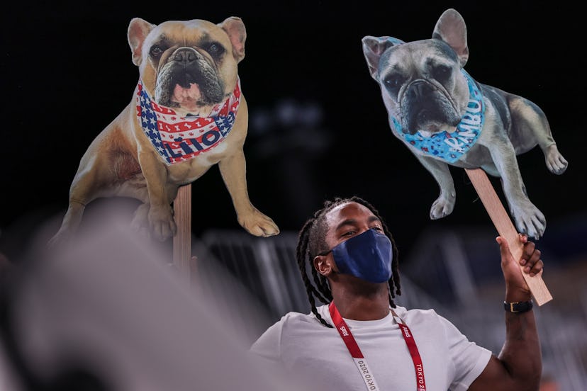Tokyo, Japan, Tuesday, August 3, 2021 - Cardboard cutouts of Simone Biles dogs, Lilo, left, and Ramb...