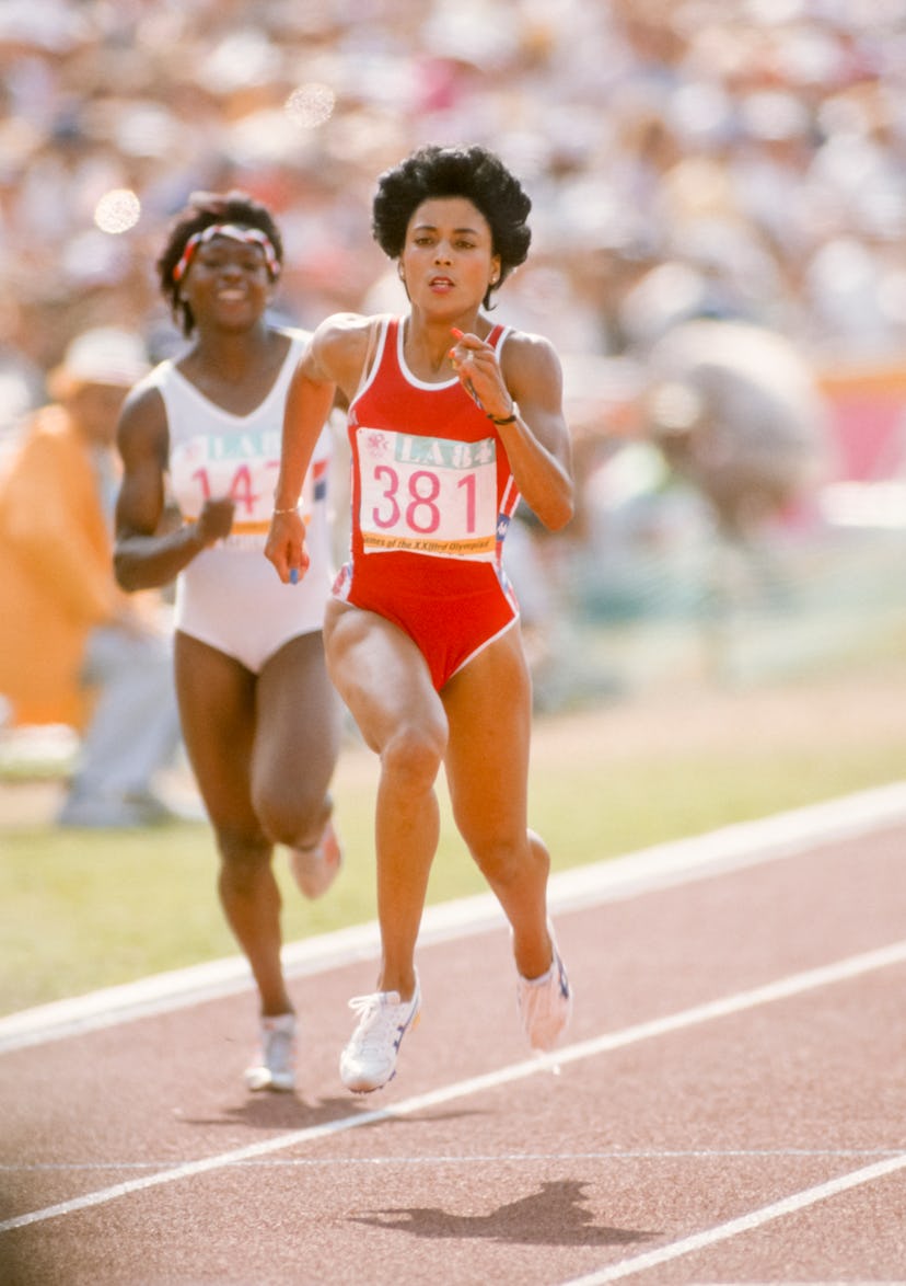 LOS ANGELES -  AUGUST 8:  Florence Griffith Joyner #381 of the United States competes in a prelimina...