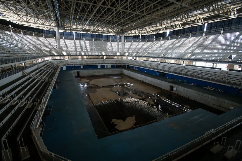 RIO DE JANEIRO, BRAZIL - MAY 20: A view from the mostly abandoned Olympic Aquatics stadium at the Ol...