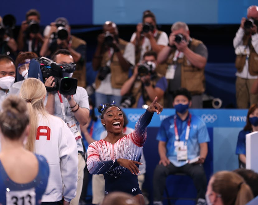 TOKYO, JAPAN - AUGUST 03: Simone Biles of Team United States reacts during the Women's Balance Beam ...