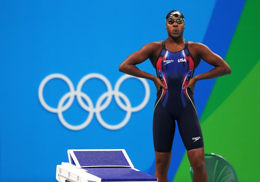 RIO DE JANEIRO, BRAZIL - AUGUST 10:  Simone Manuel of the United States looks on prior to competing ...