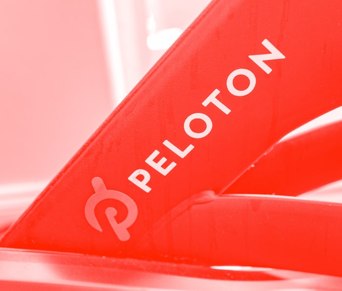 Close-up of logo for Peloton on exercise bicycle, San Francisco, California, June 14, 2021. (Photo b...