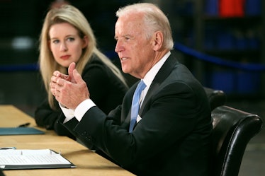 NEWARK, CALIFORNIA - JULY 23: Vice President Joe Biden, right, speaks as Elizabeth Holmes, founder a...