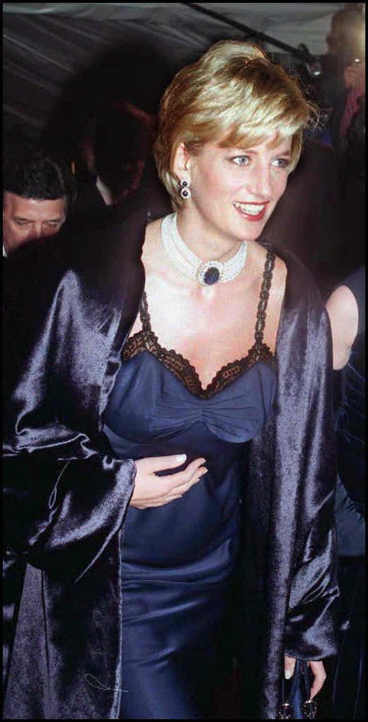 Diana, Princess of Wales wears Dior slip dress by John Galliano while arriving at the Metropolitan M...
